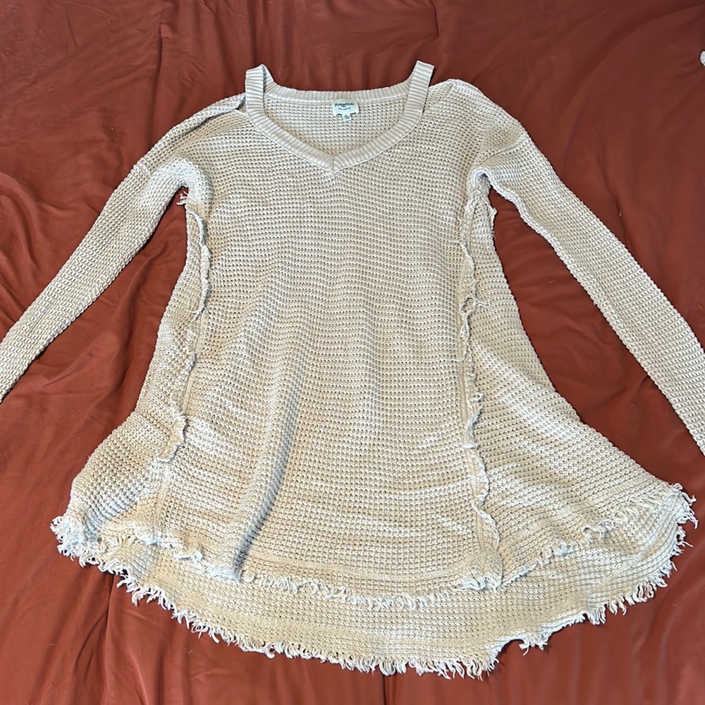 Cream Frayed Sweater ~ Tunic Length